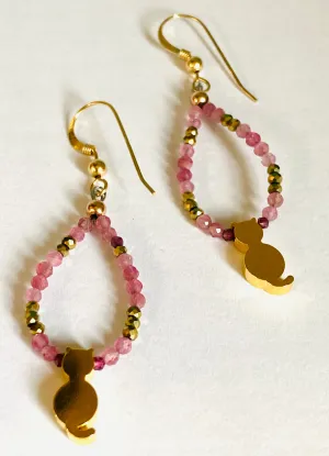Cat Gemstone Hoops/ Kitty Earrings, Cat Earrings, Kitten Earrings