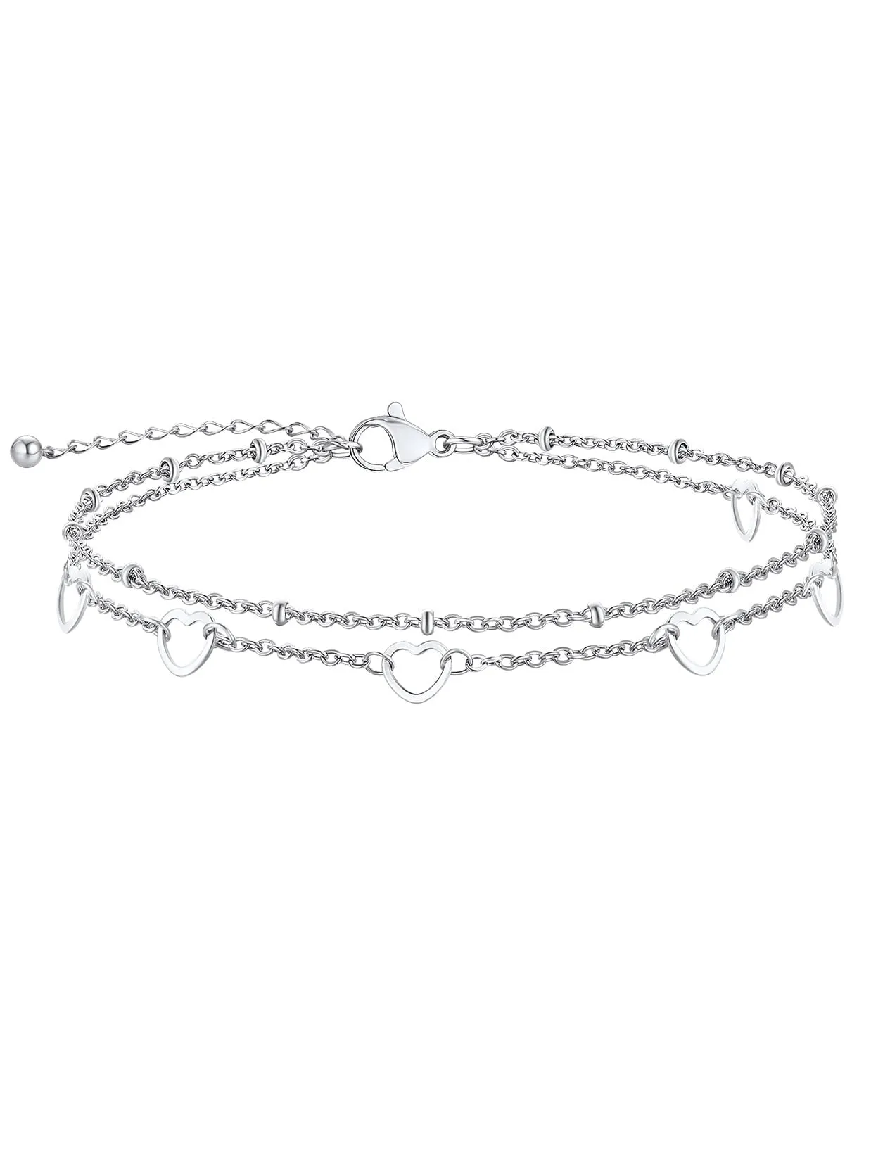 ChainsPro Stainless Steel Chain Anklets for Men Women, 6 Heart Layered Ankle Bracelets, Silver/Gold/Black Color