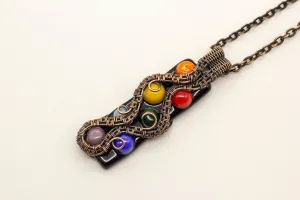 Chakra-inspired Fused Glass Pendant with Copper Wire Wrapping
