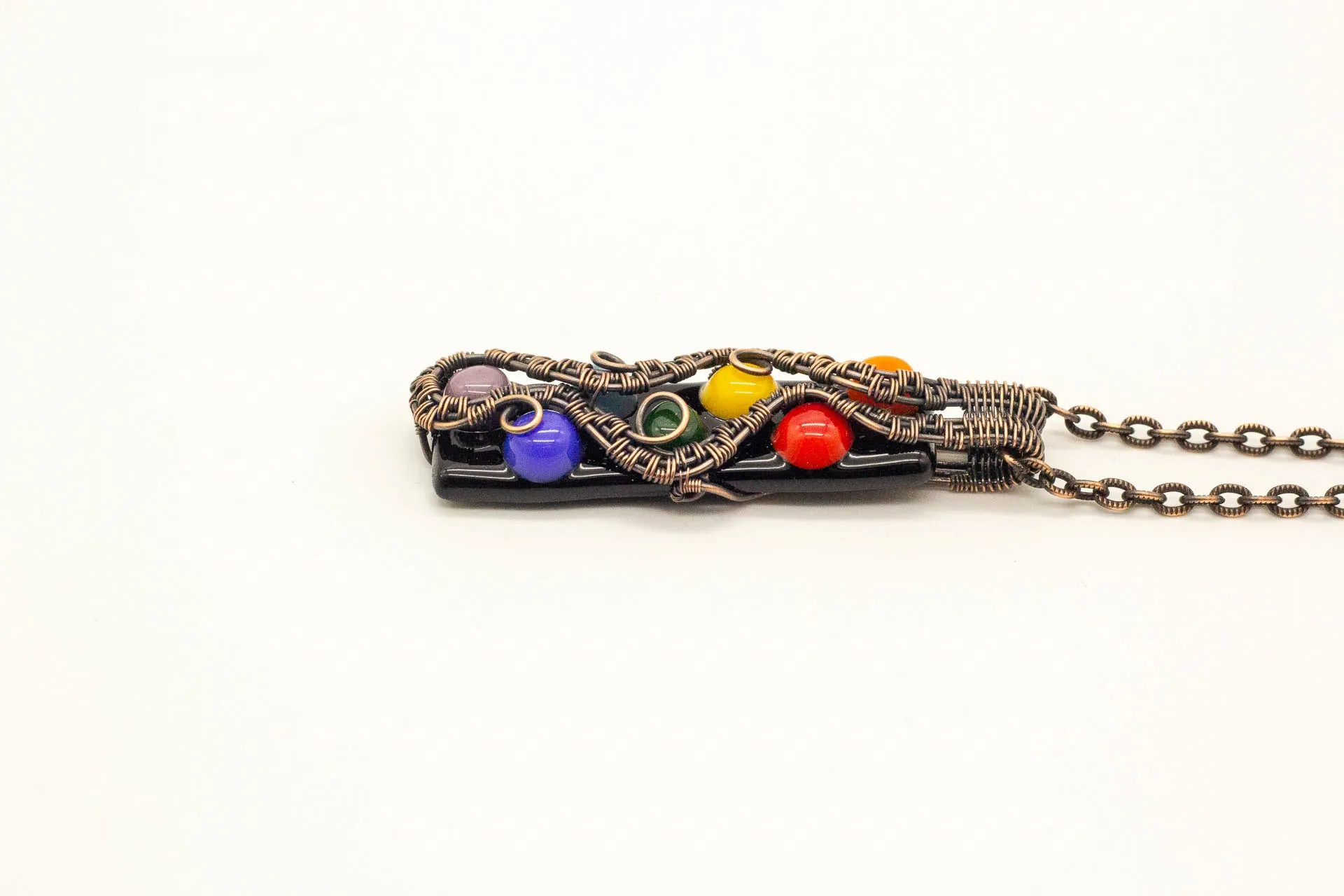 Chakra-inspired Fused Glass Pendant with Copper Wire Wrapping