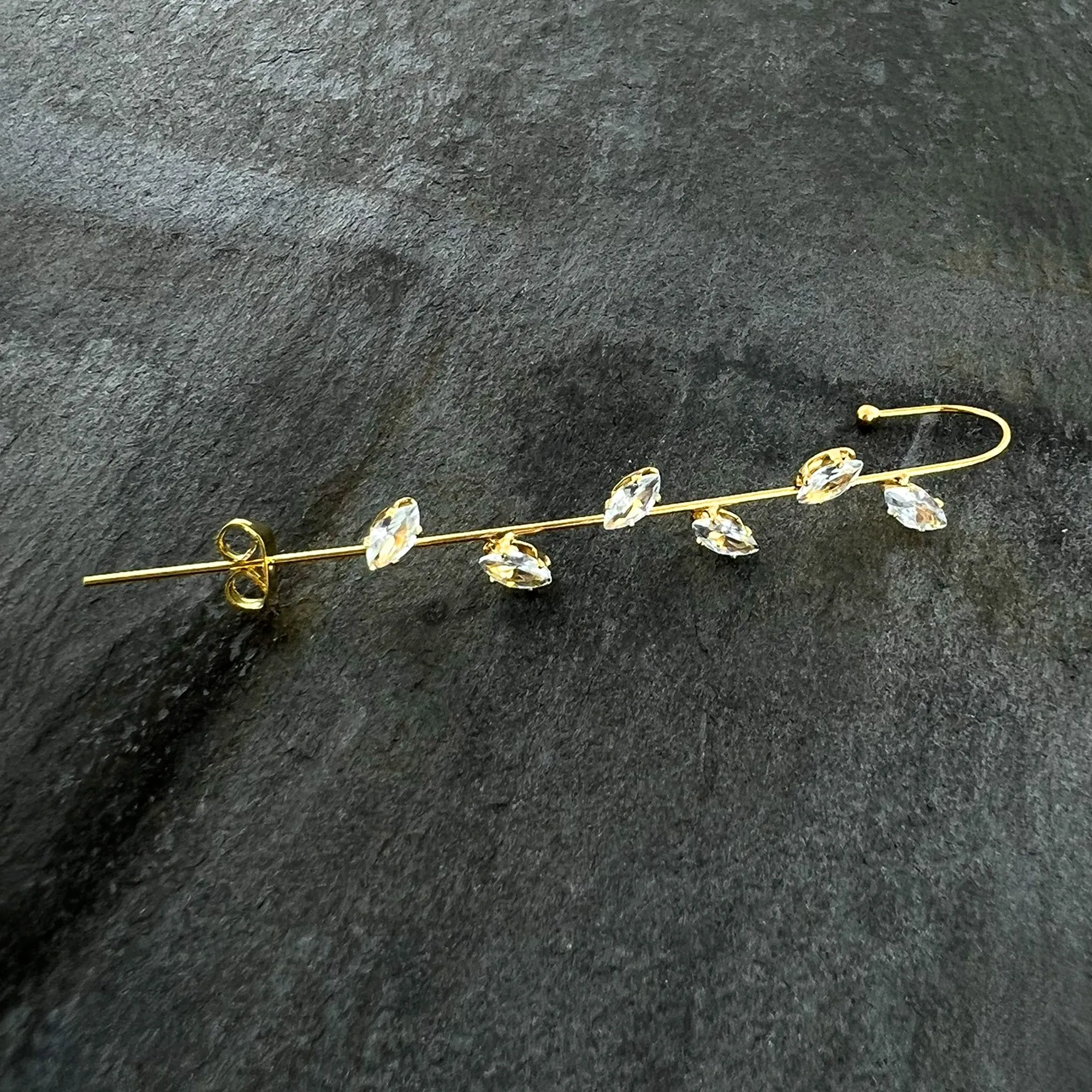 Clear CZ Gem Gold Tone Leafy Vine Ear Cuff Bar Earring