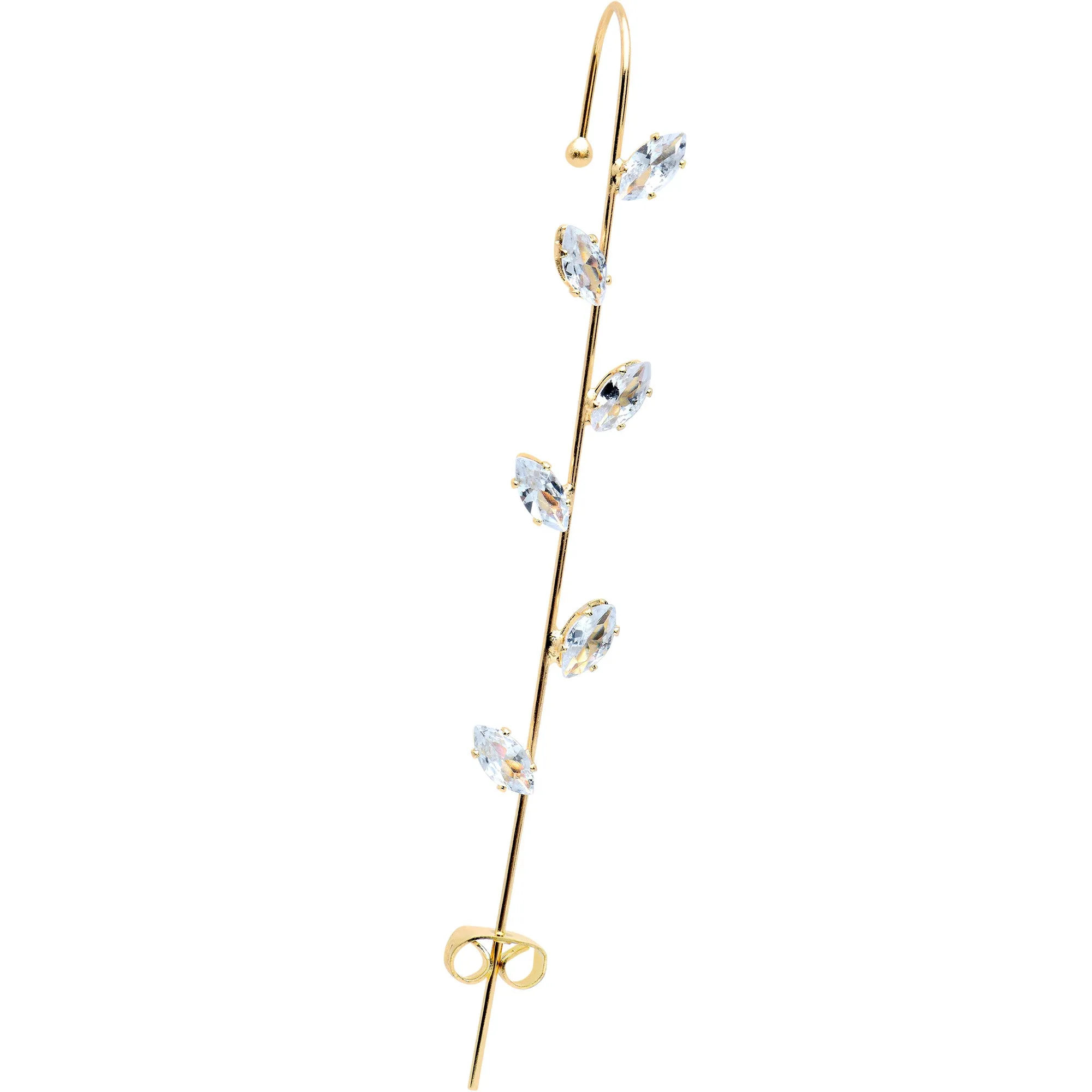 Clear CZ Gem Gold Tone Leafy Vine Ear Cuff Bar Earring