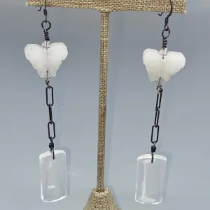 Clear quartz and White Quartz Butterfly w/ Oxidized Sterling Silver Drop Earrings