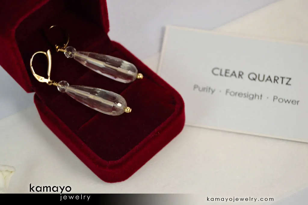 CLEAR QUARTZ EARRINGS - Long Drop Ear Rings for Women - White Crystal Teardrop Pendant - 14K Gold Filled Leverback