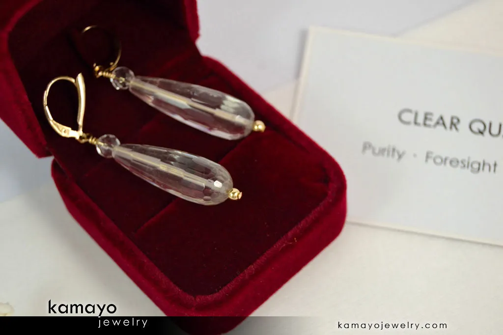 CLEAR QUARTZ EARRINGS - Long Drop Ear Rings for Women - White Crystal Teardrop Pendant - 14K Gold Filled Leverback