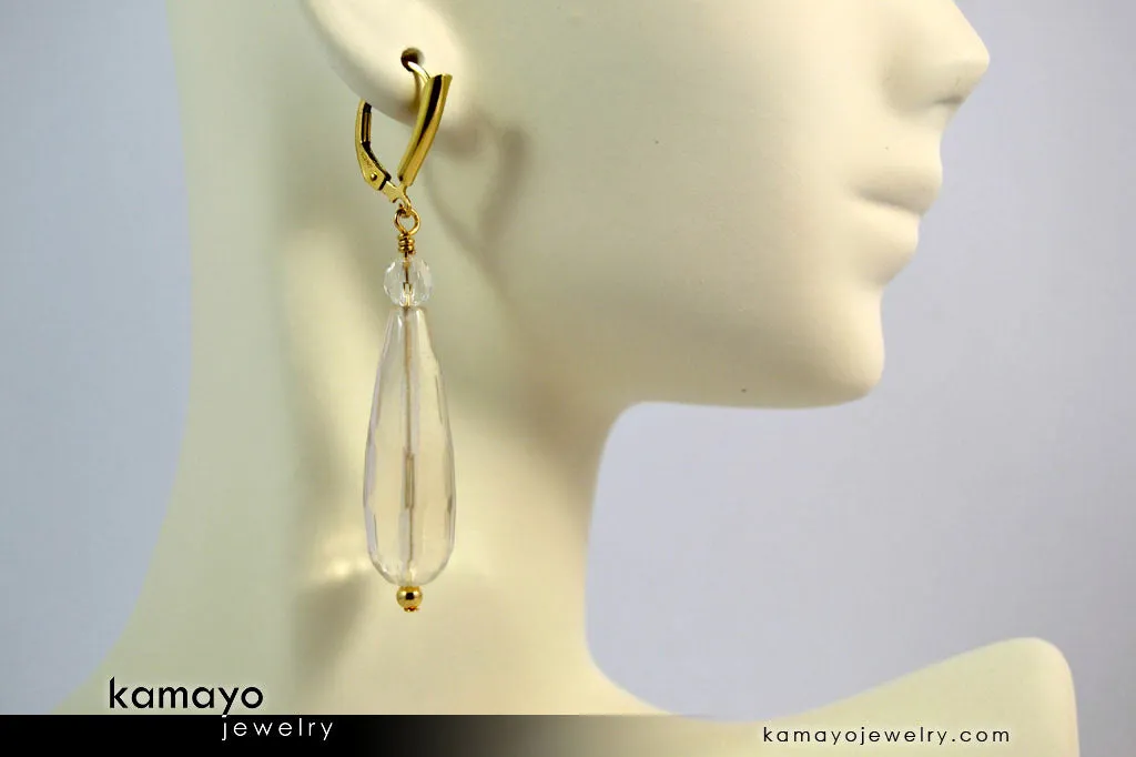 CLEAR QUARTZ EARRINGS - Long Drop Ear Rings for Women - White Crystal Teardrop Pendant - 14K Gold Filled Leverback
