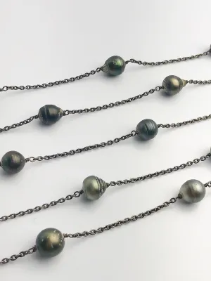CLOSEOUT SALE - Tahitian Pearls on Black Rhodium Plated Sterling Silver Chain - Sold by the foot.