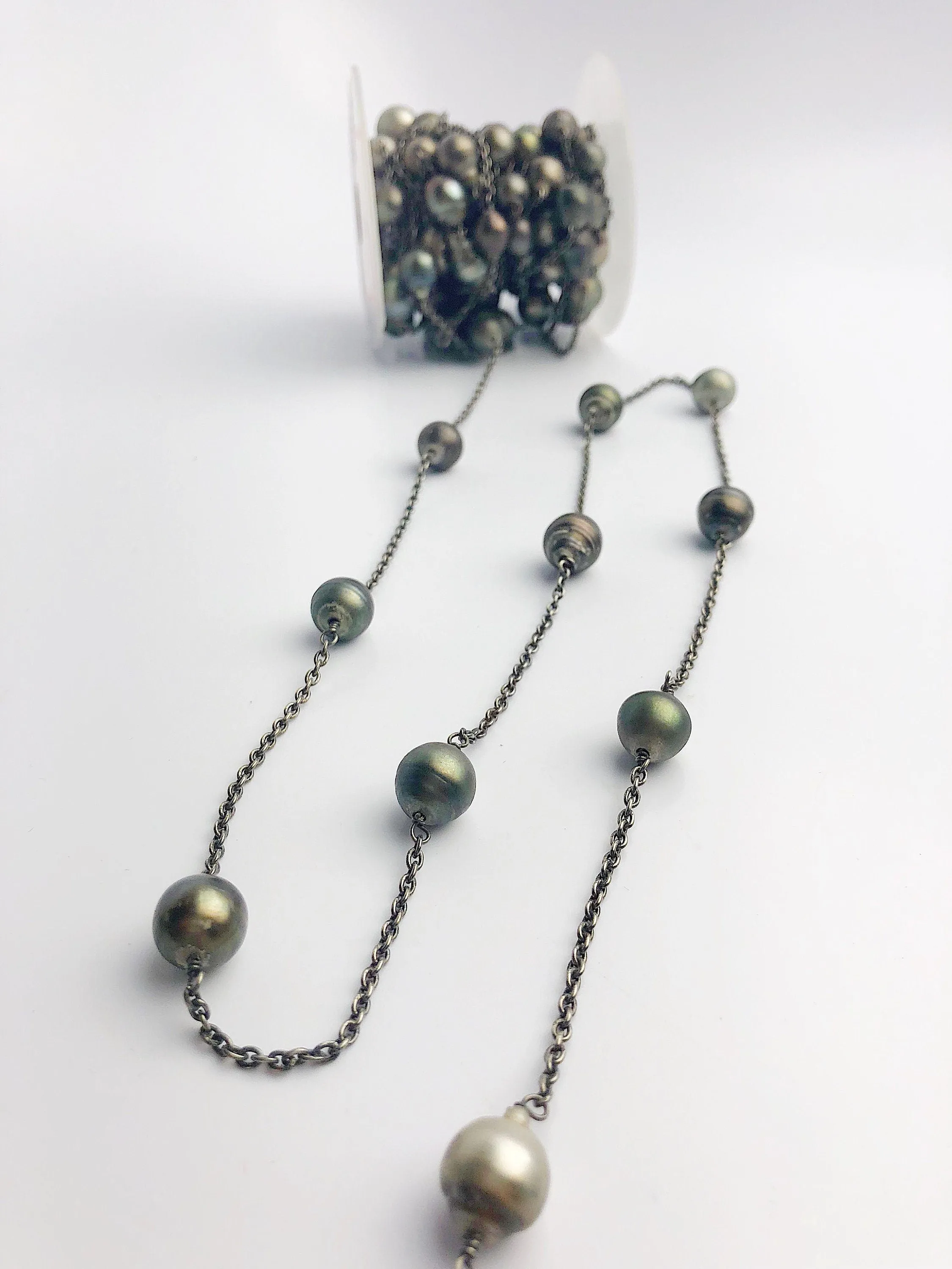 CLOSEOUT SALE - Tahitian Pearls on Black Rhodium Plated Sterling Silver Chain - Sold by the foot.