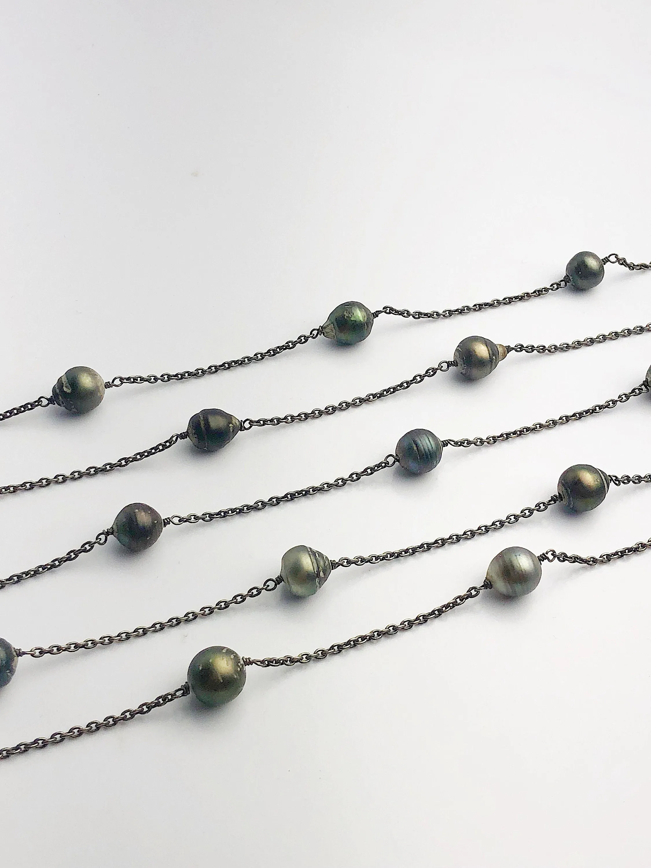 CLOSEOUT SALE - Tahitian Pearls on Black Rhodium Plated Sterling Silver Chain - Sold by the foot.