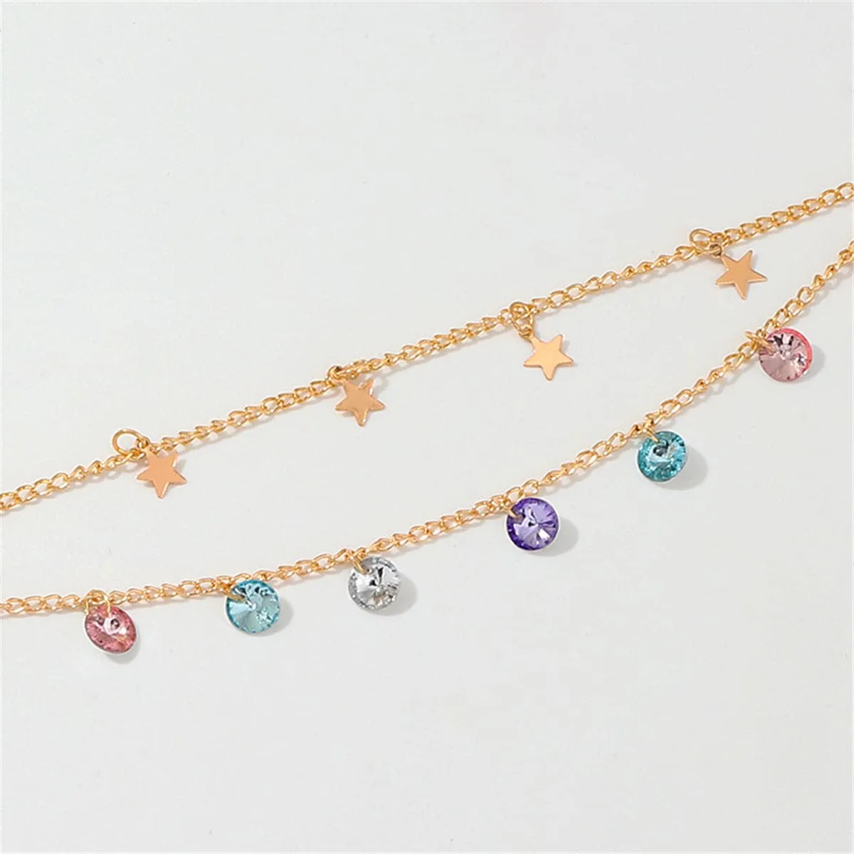 Colored Crystal & 18K Gold-Plated Star Layered Station Anklet