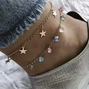 Colored Crystal & 18K Gold-Plated Star Layered Station Anklet