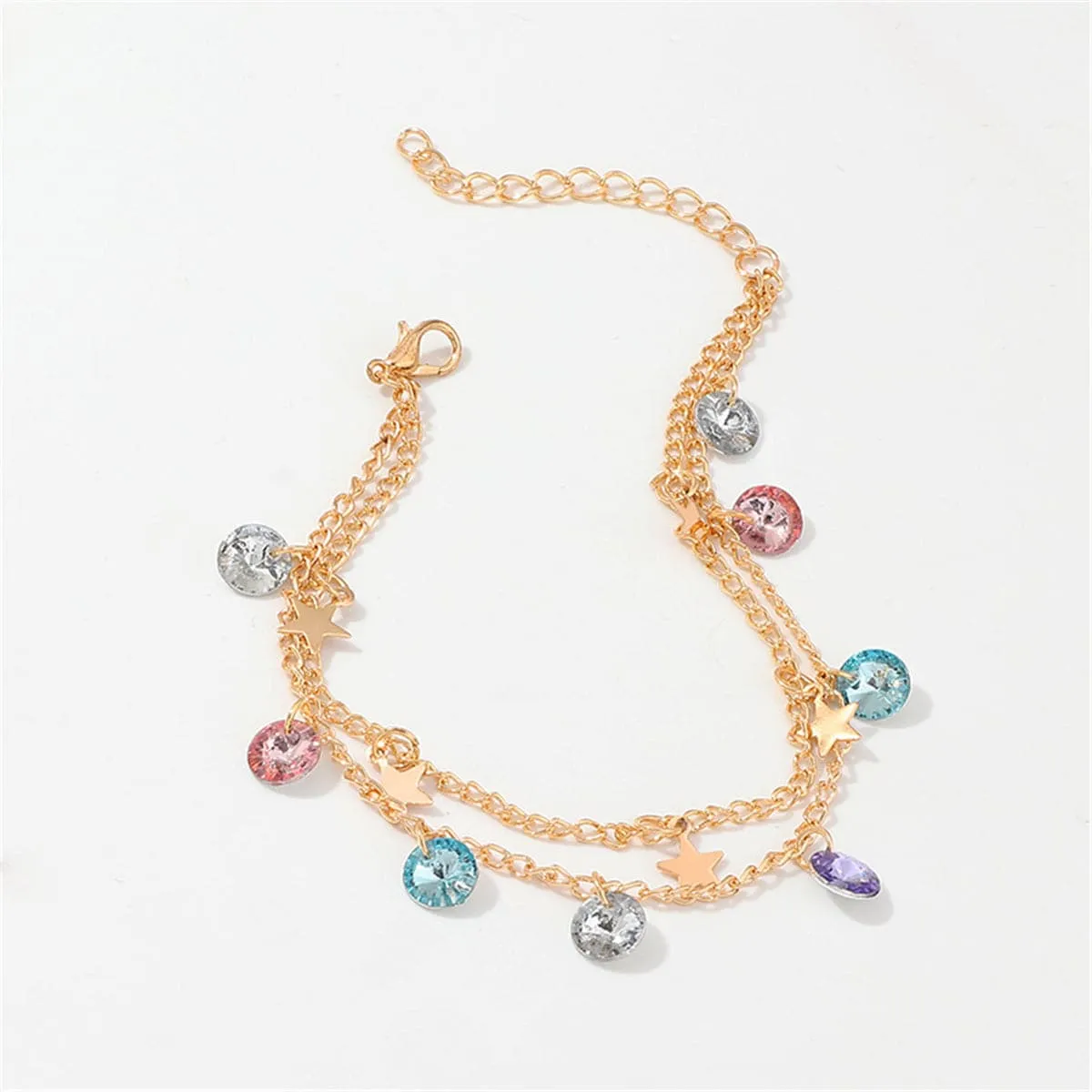 Colored Crystal & 18K Gold-Plated Star Layered Station Anklet