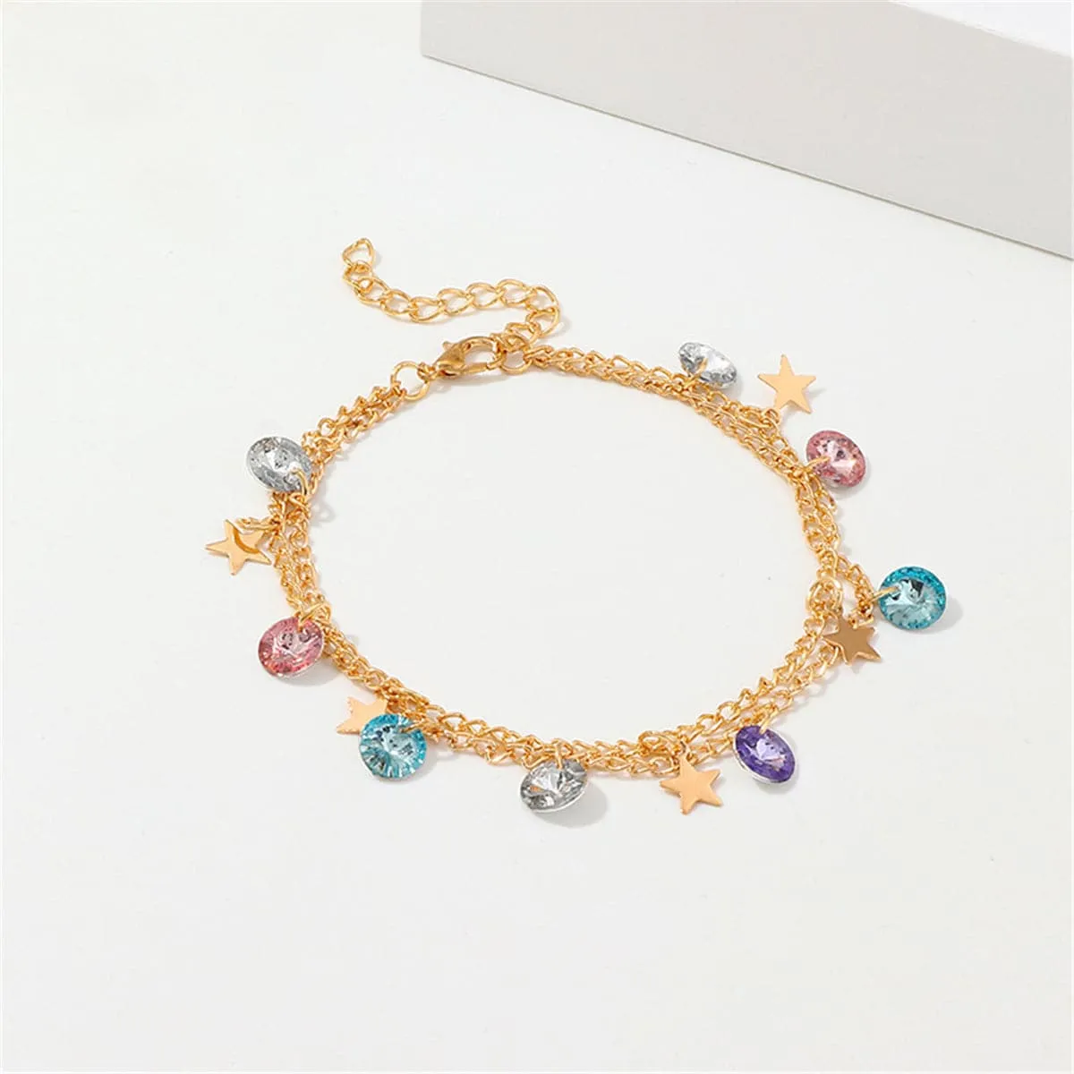 Colored Crystal & 18K Gold-Plated Star Layered Station Anklet