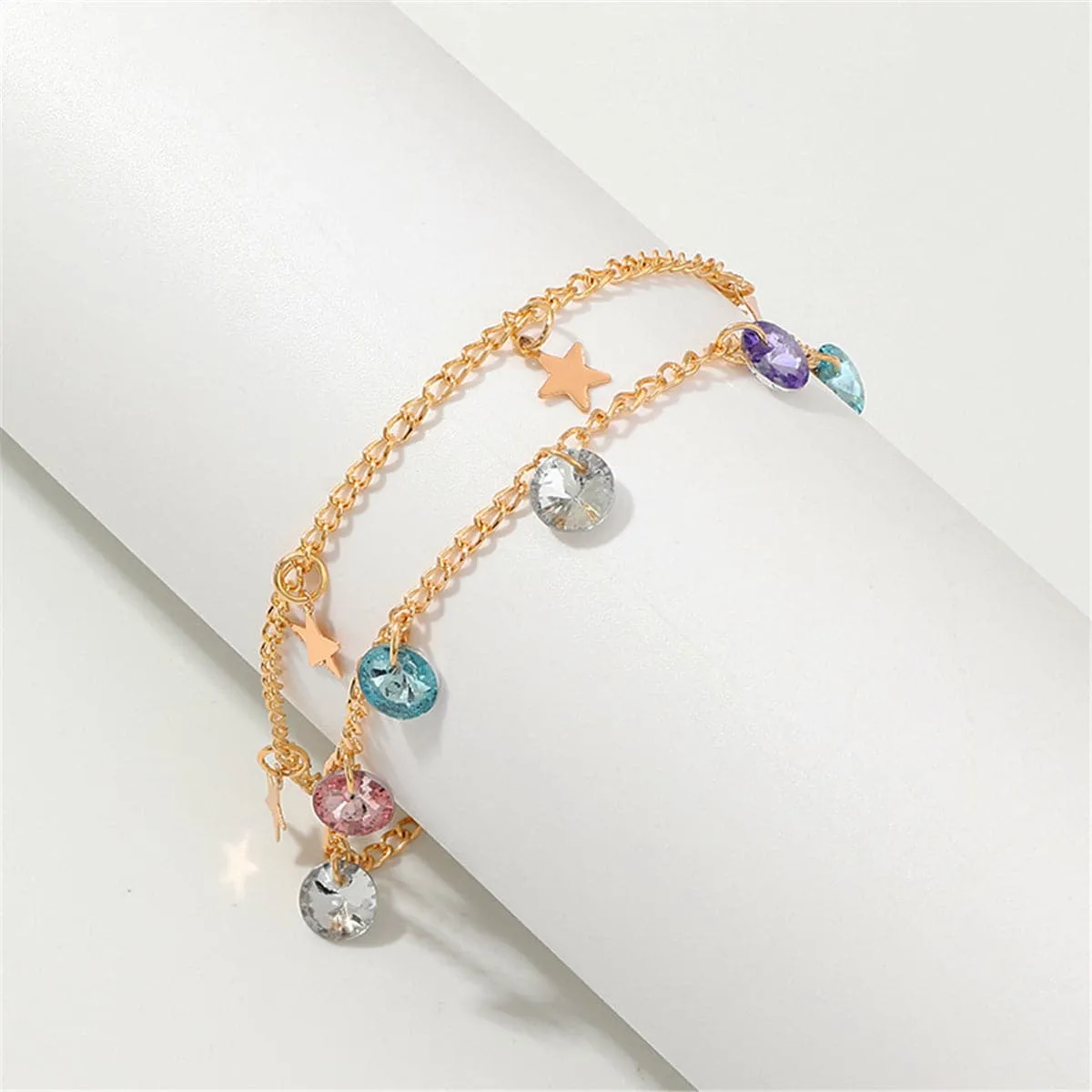 Colored Crystal & 18K Gold-Plated Star Layered Station Anklet