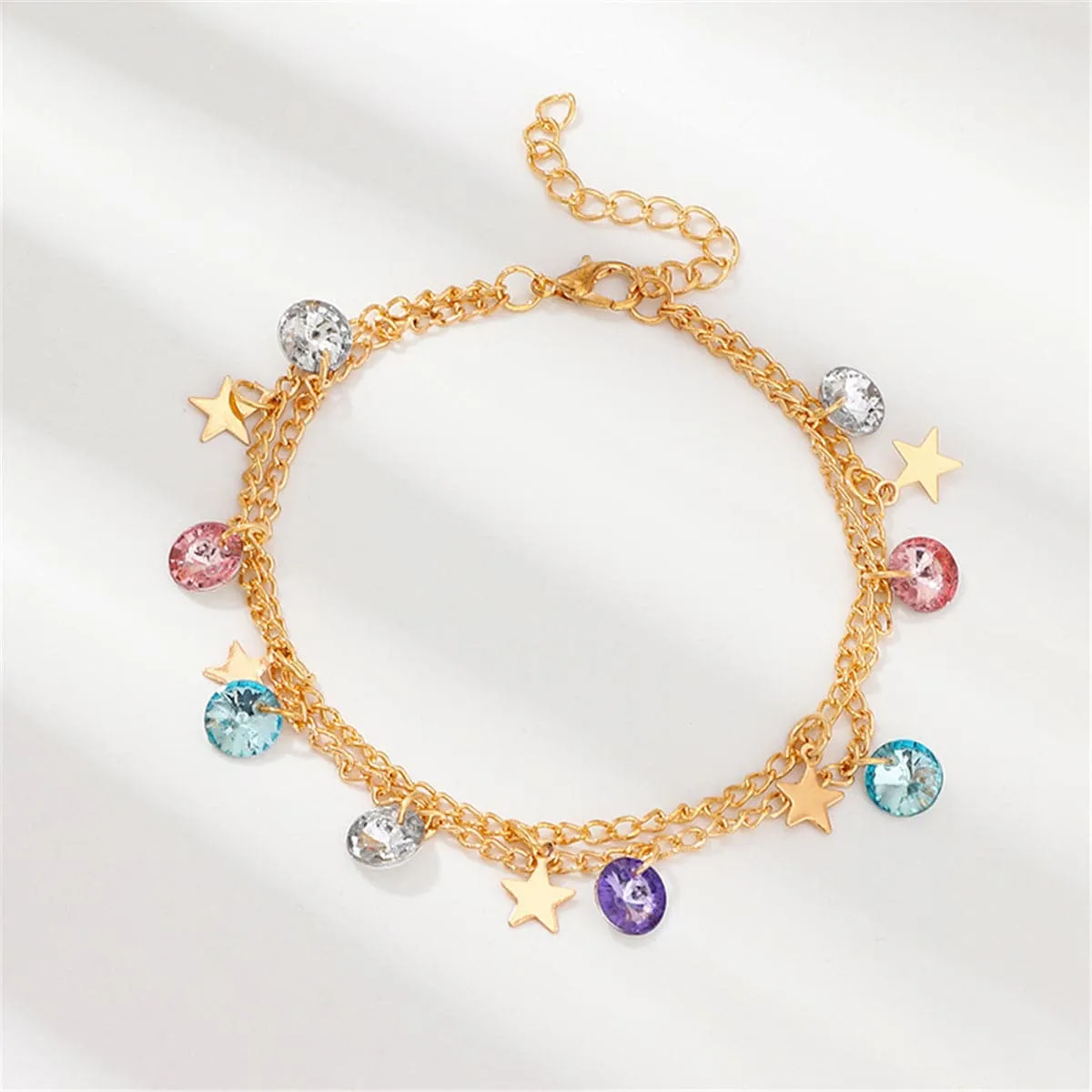 Colored Crystal & 18K Gold-Plated Star Layered Station Anklet