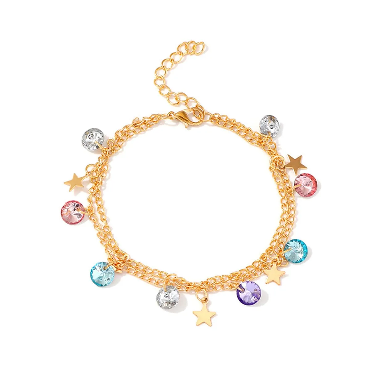 Colored Crystal & 18K Gold-Plated Star Layered Station Anklet