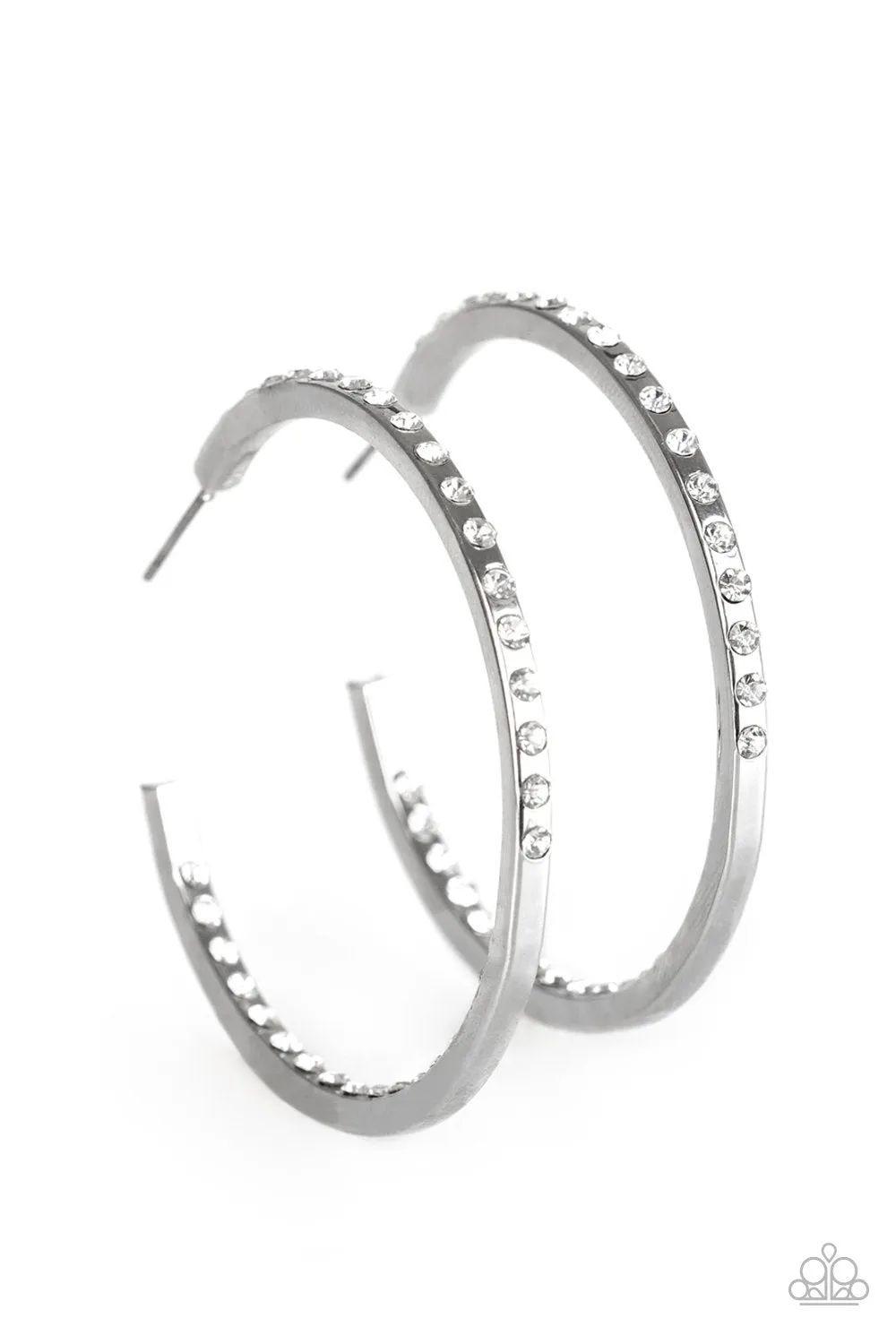 Coming Into Money Silver and White Rhinestone Hoop Earrings - Paparazzi Accessories