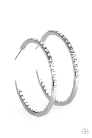Coming Into Money Silver and White Rhinestone Hoop Earrings - Paparazzi Accessories