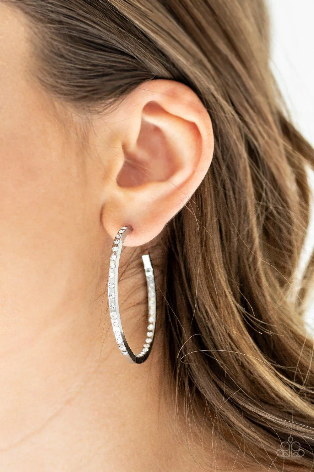 Coming Into Money Silver and White Rhinestone Hoop Earrings - Paparazzi Accessories