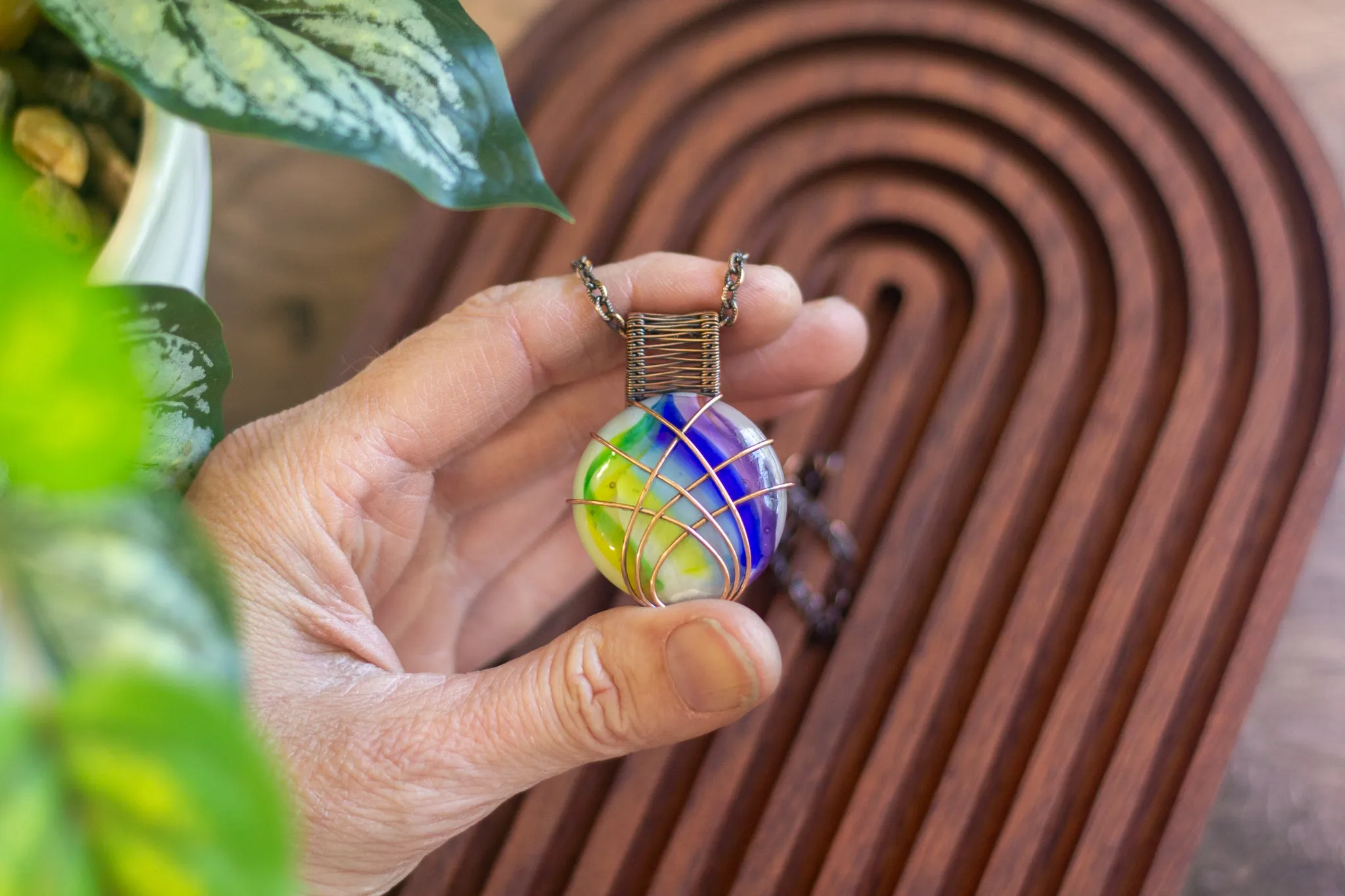 Copper Wire Wrapped Pendant with Rainbow Fused Glass
