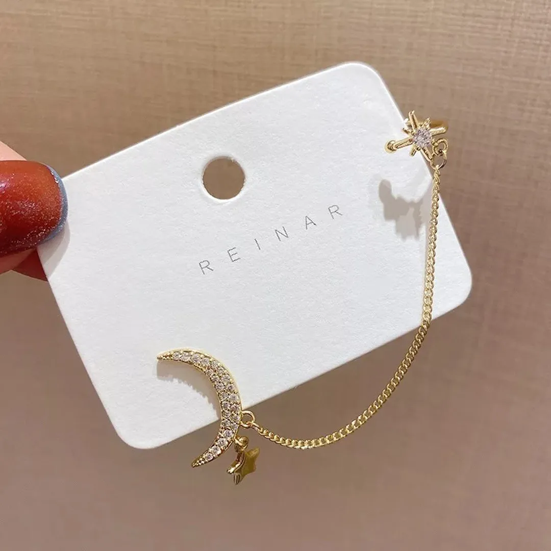 Crescent Chain Diamond Ear Cuff Korean Earring 2 Pcs/Set