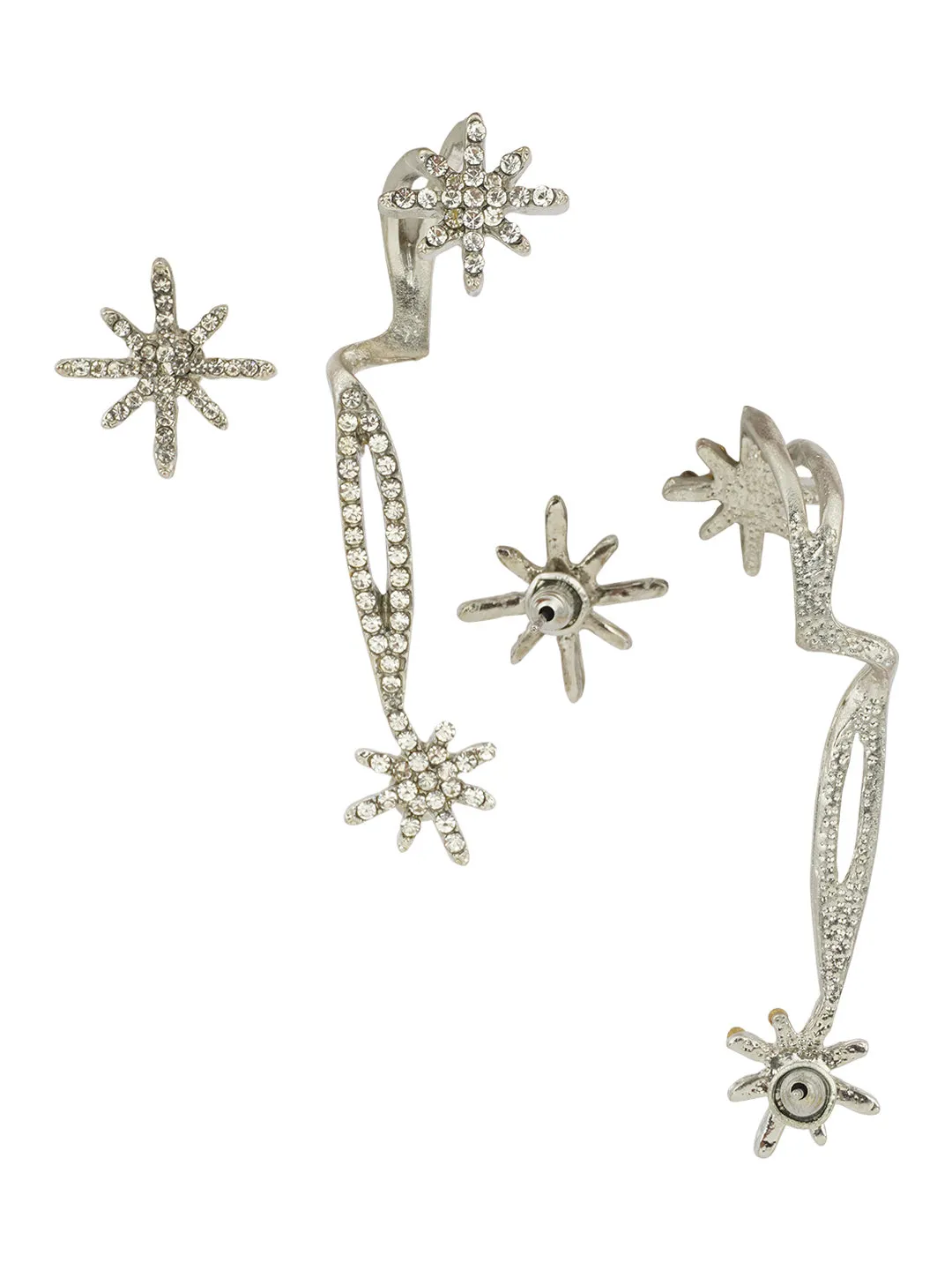 Crystal Sun Star Silver & Gold Earring Chain Ear Clip Set of 3