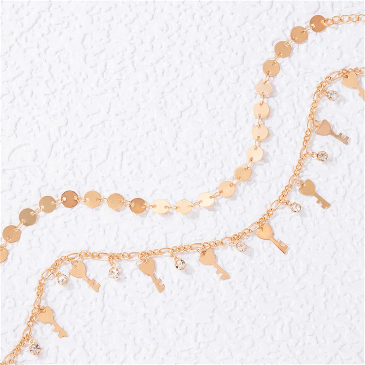 Cubic Zirconia & 18K Gold-Plated Heart Key Station Anklet Set