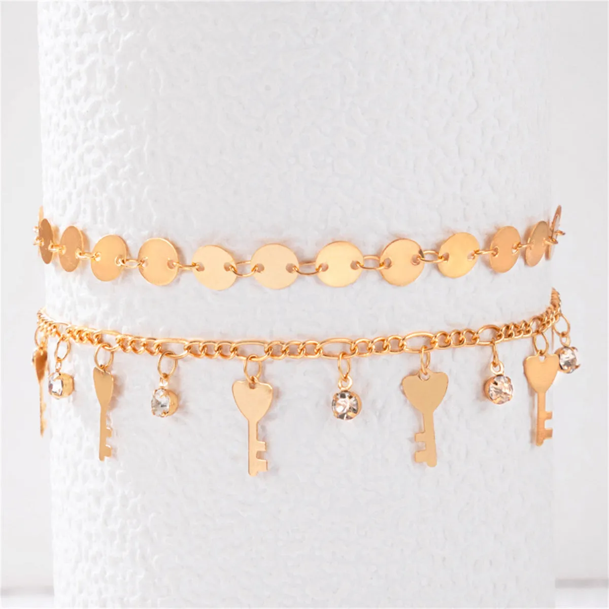 Cubic Zirconia & 18K Gold-Plated Heart Key Station Anklet Set