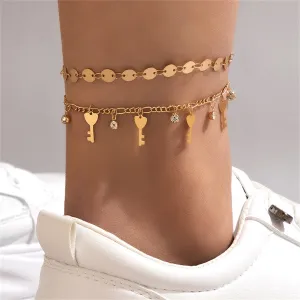 Cubic Zirconia & 18K Gold-Plated Heart Key Station Anklet Set