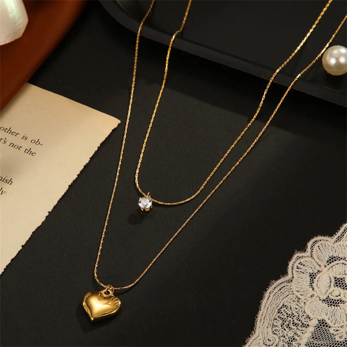 Cubic Zirconia & 18K Gold-Plated Heart Pendant Necklace Set