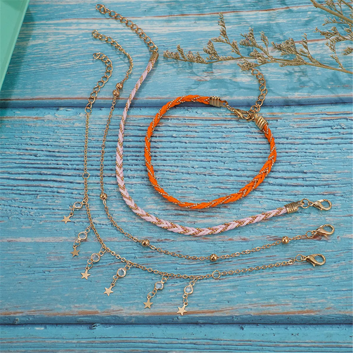 Cubic Zirconia & Orange Star Anklet Set