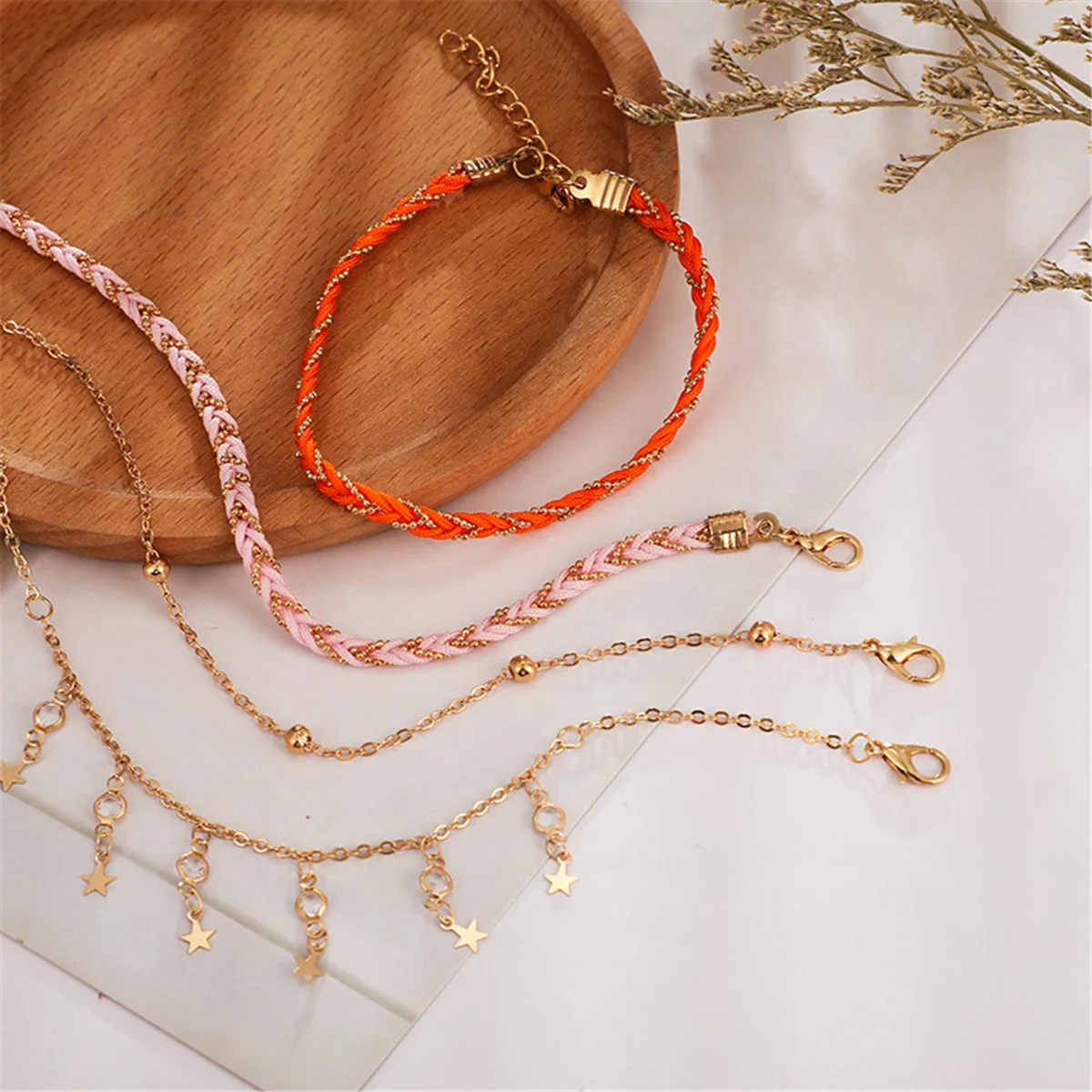 Cubic Zirconia & Orange Star Anklet Set