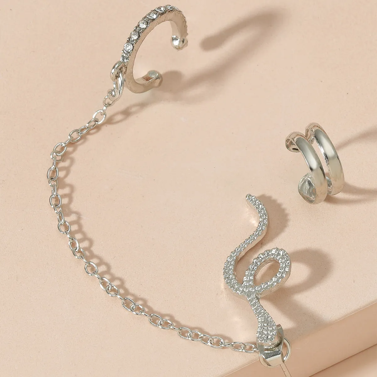 Cubic Zirconia & Silver-Plated Snake Chain Ear Cuff Set