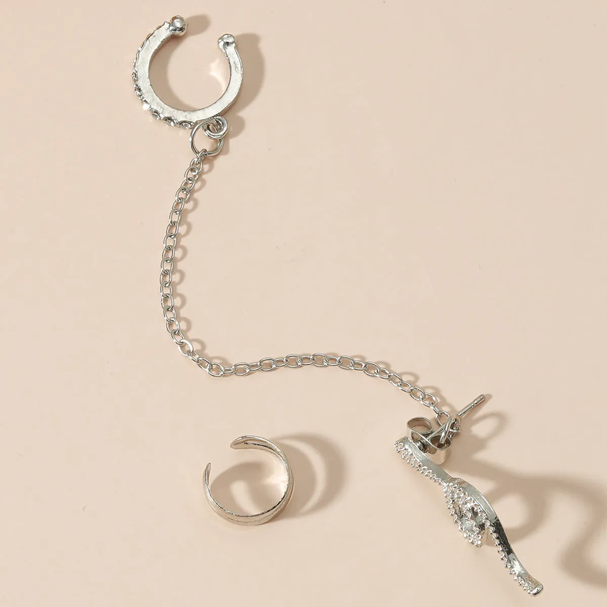 Cubic Zirconia & Silver-Plated Snake Chain Ear Cuff Set