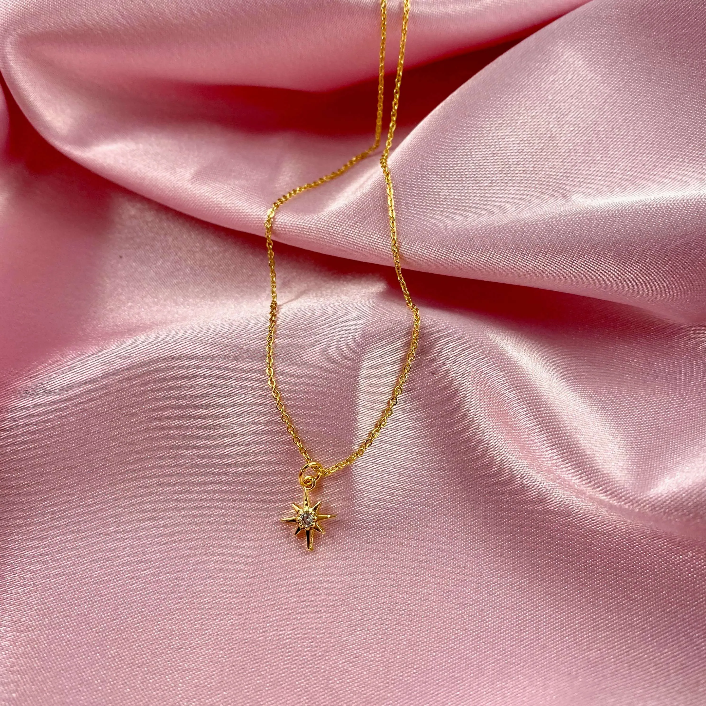 Cubic Zirconia Center Eight Point Star 14K Gold Necklace