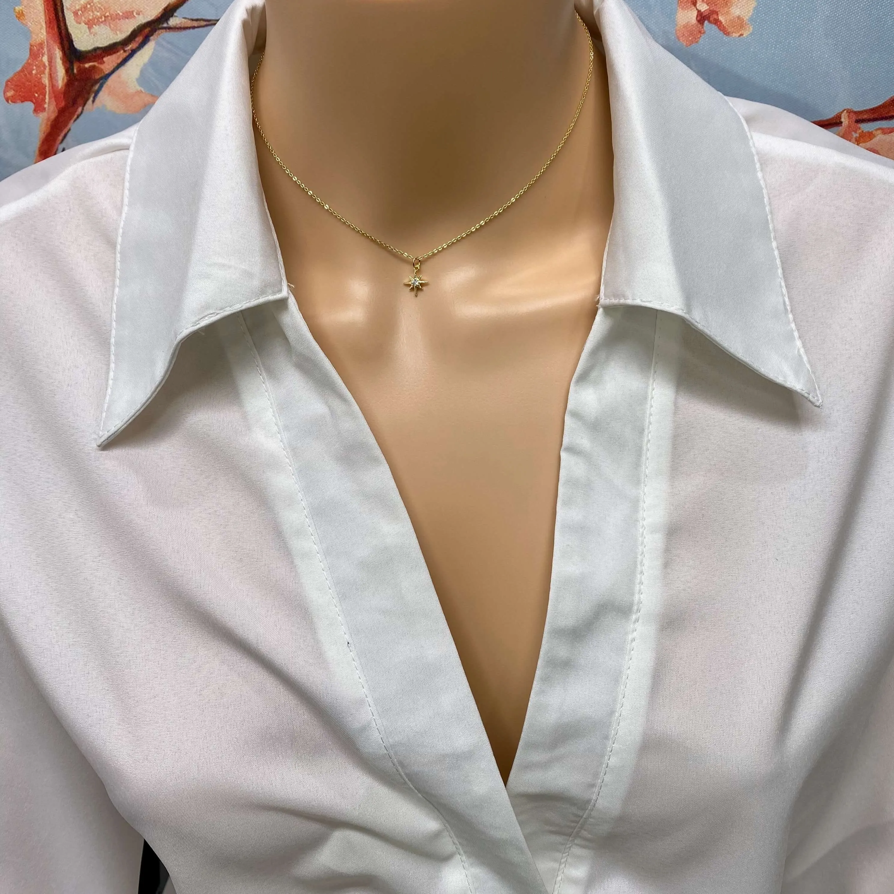Cubic Zirconia Center Eight Point Star 14K Gold Necklace