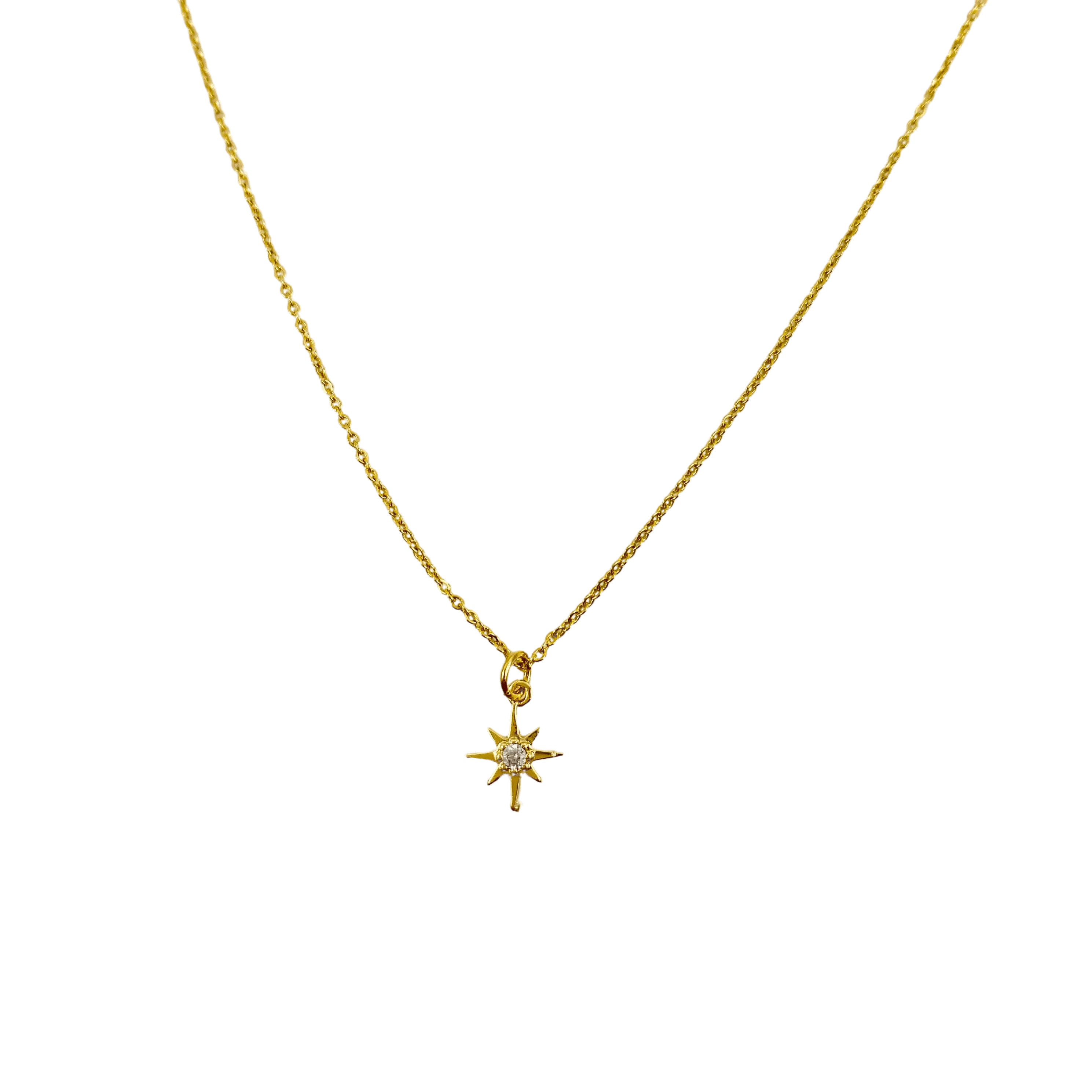 Cubic Zirconia Center Eight Point Star 14K Gold Necklace
