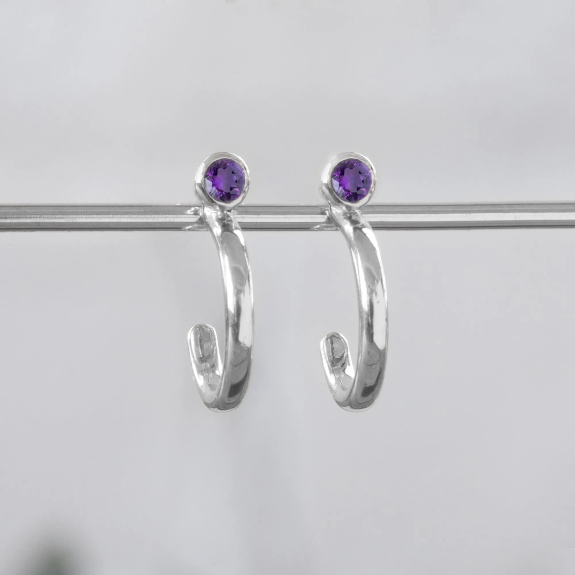 Custom Amethyst Birthstone Hoop Earrings | 14K White Gold