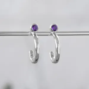 Custom Amethyst Birthstone Hoop Earrings | 14K White Gold