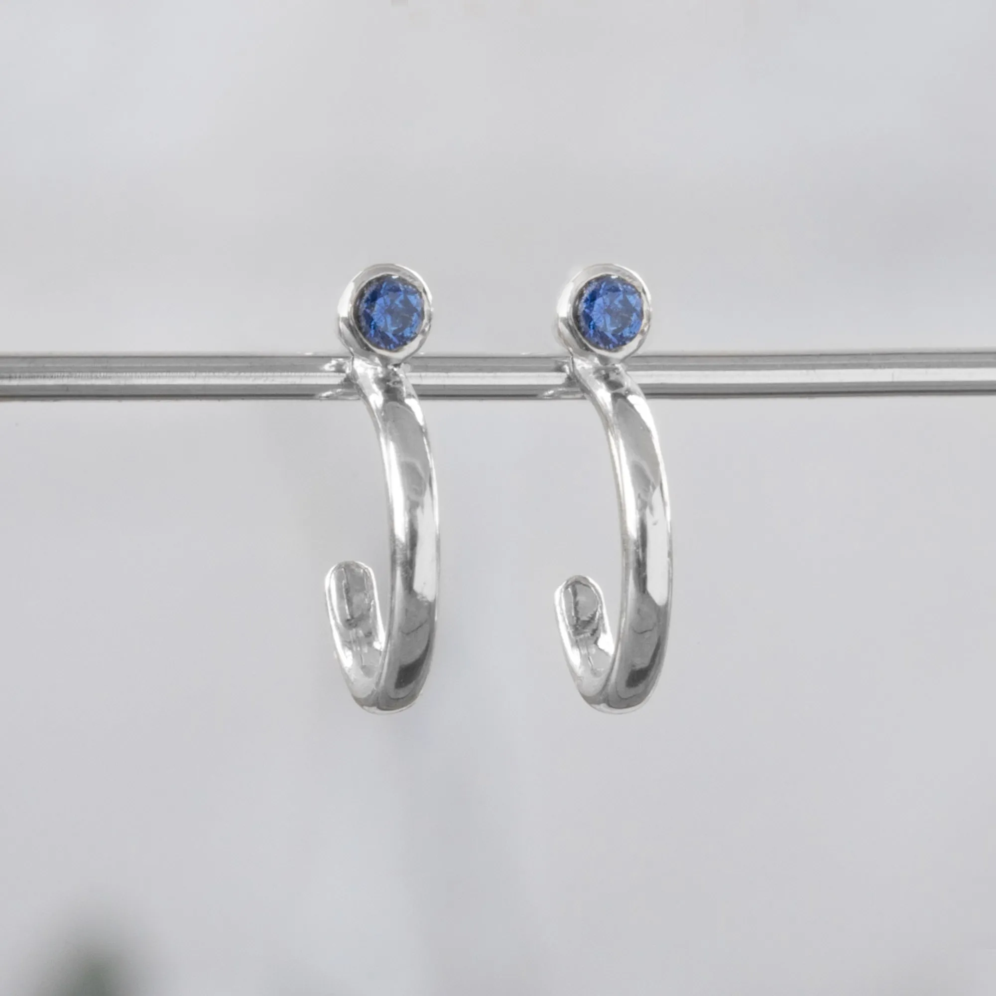 Custom Blue Sapphire Birthstone Hoop Earrings | 14K White Gold