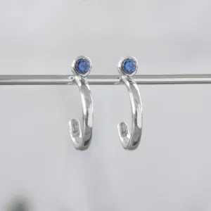 Custom Blue Sapphire Birthstone Hoop Earrings | 14K White Gold