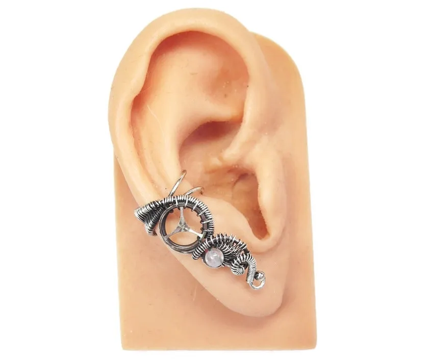 Custom Gemstone and Sterling Silver Steampunk Ear Cuff; "Woven Tail" Model