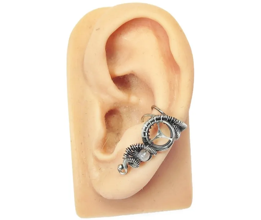 Custom Gemstone and Sterling Silver Steampunk Ear Cuff; "Woven Tail" Model