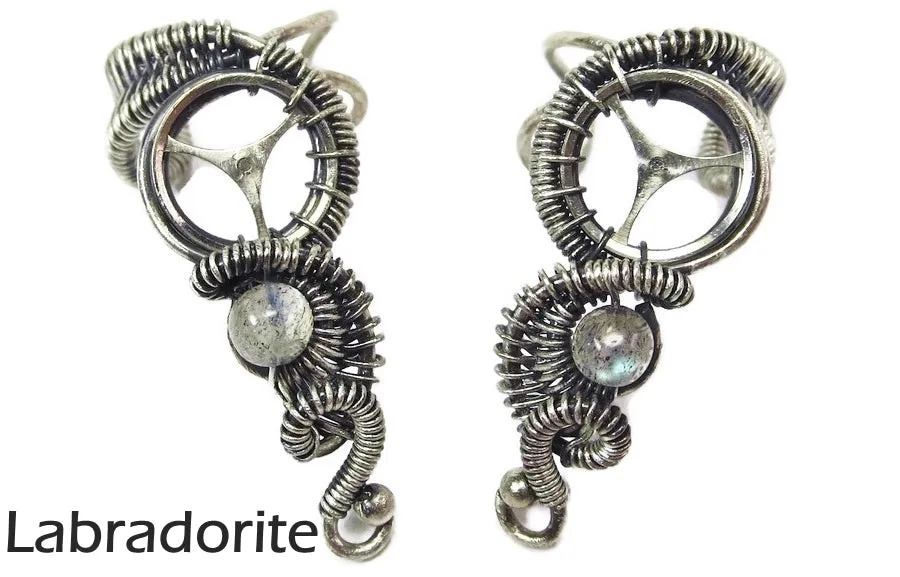 Custom Gemstone and Sterling Silver Steampunk Ear Cuff; "Woven Tail" Model
