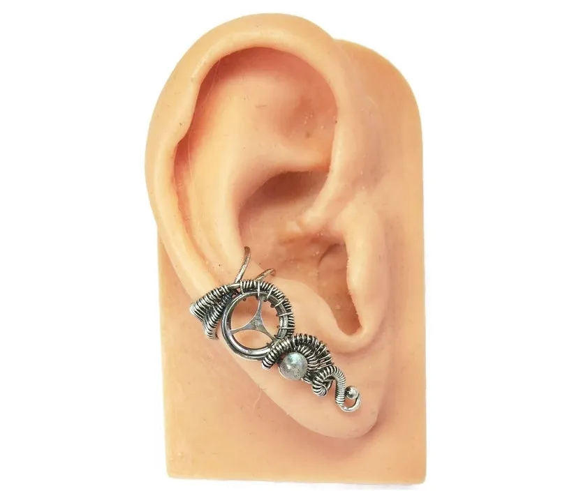 Custom Gemstone and Sterling Silver Steampunk Ear Cuff; "Woven Tail" Model