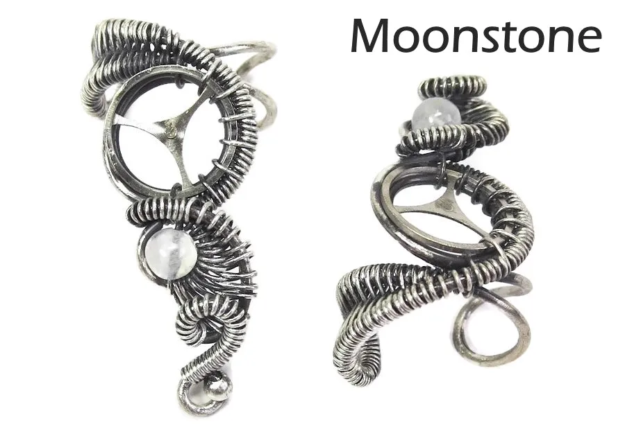 Custom Gemstone and Sterling Silver Steampunk Ear Cuff; "Woven Tail" Model
