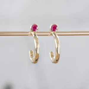 Custom Ruby Birthstone Hoop Earrings | 14K Yellow Gold