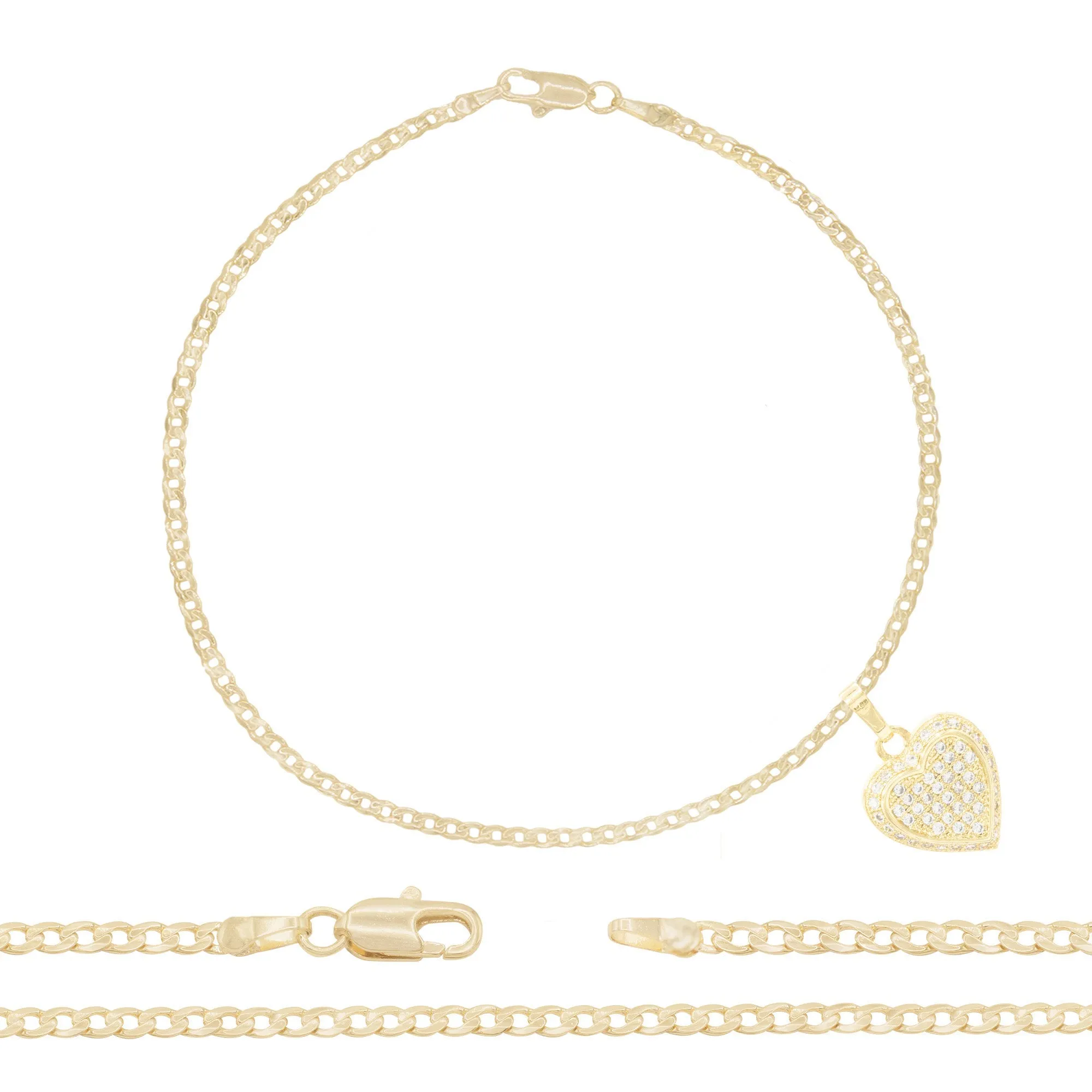 CZ Heart Charm 14K Gold Filled Anklet 10" Women Jewelry