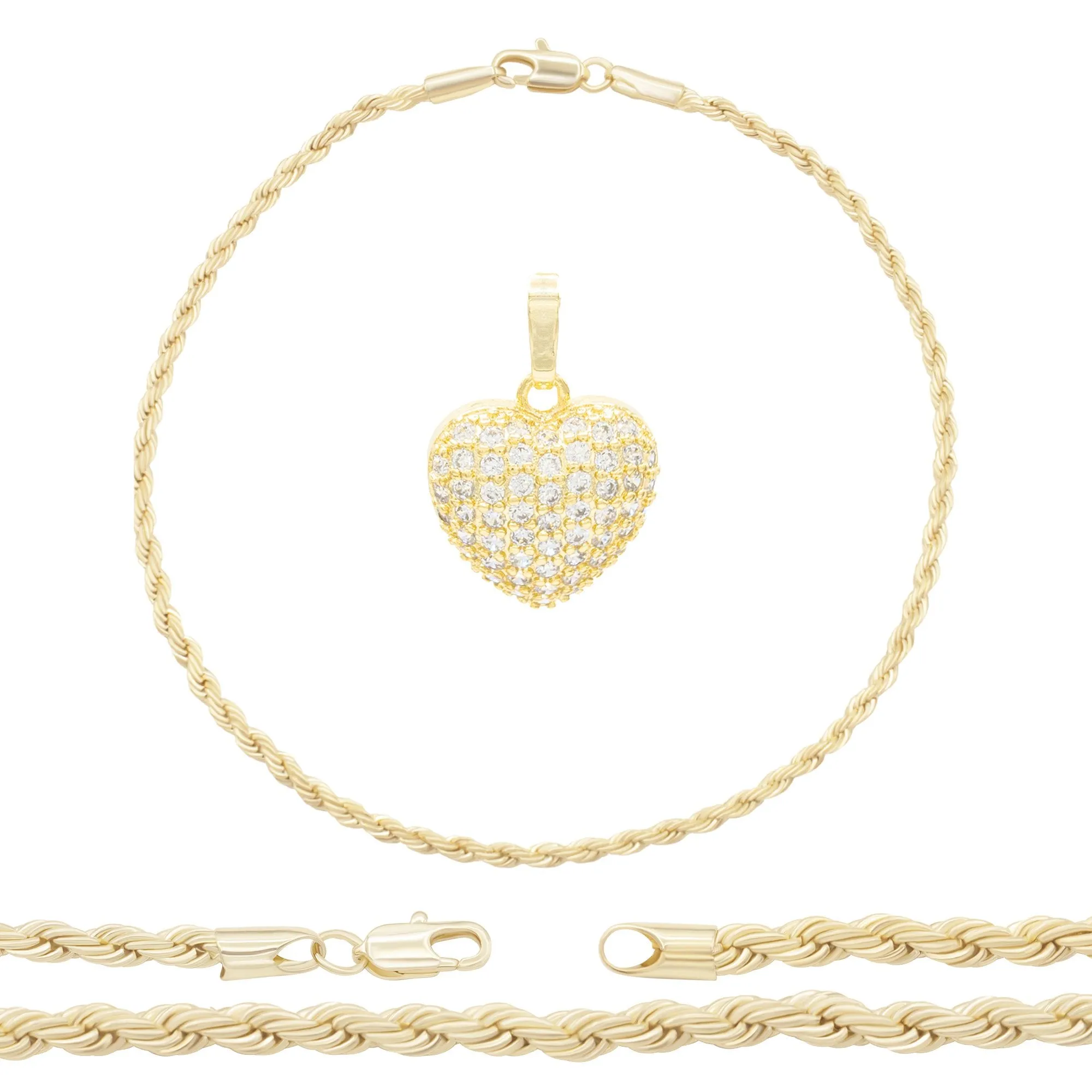 CZ Heart Charm 14K Gold Filled Rope Anklet 10" Chain Women Jewelry