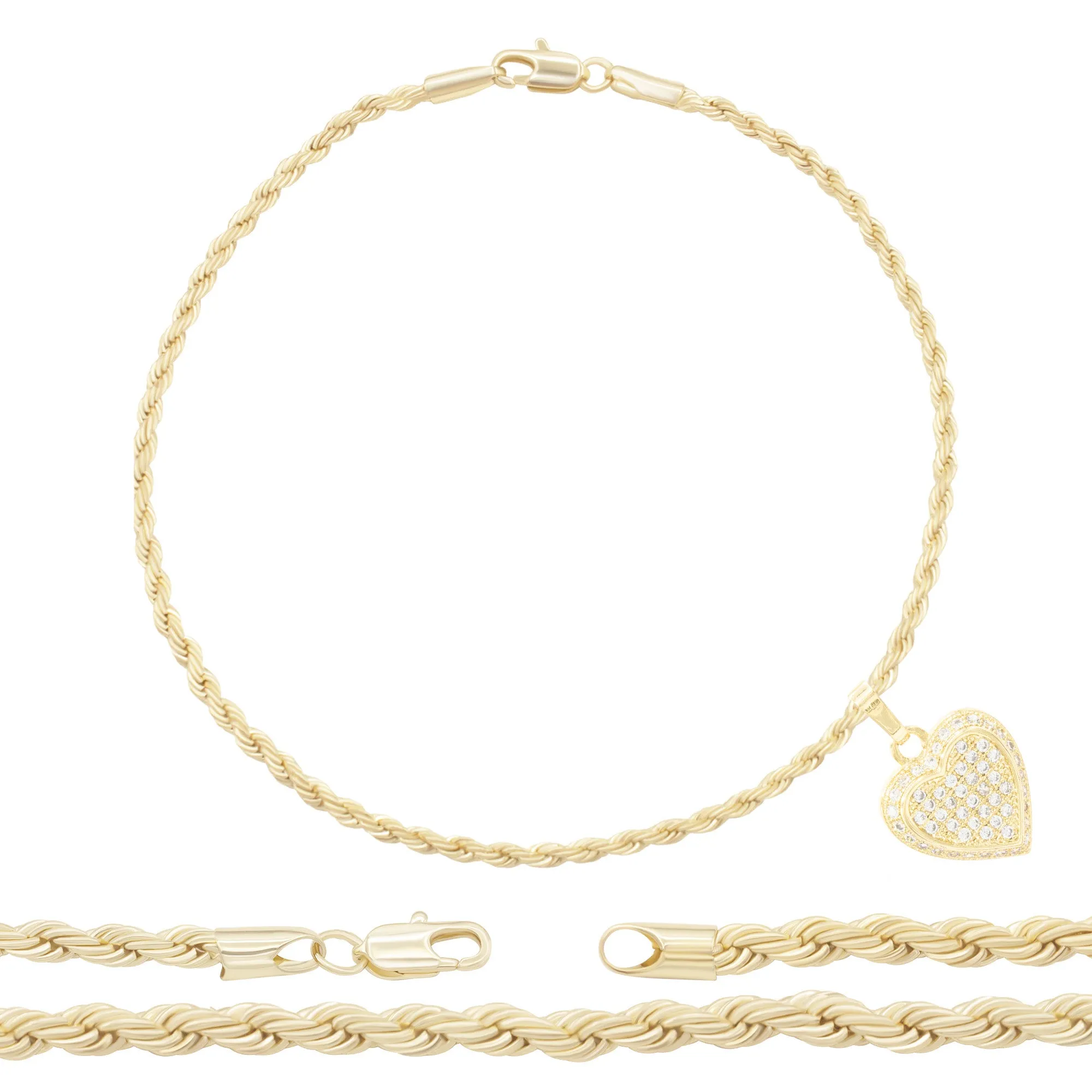 CZ Heart Charm 14K Gold Filled Rope Anklet 10" Chain Women Jewelry